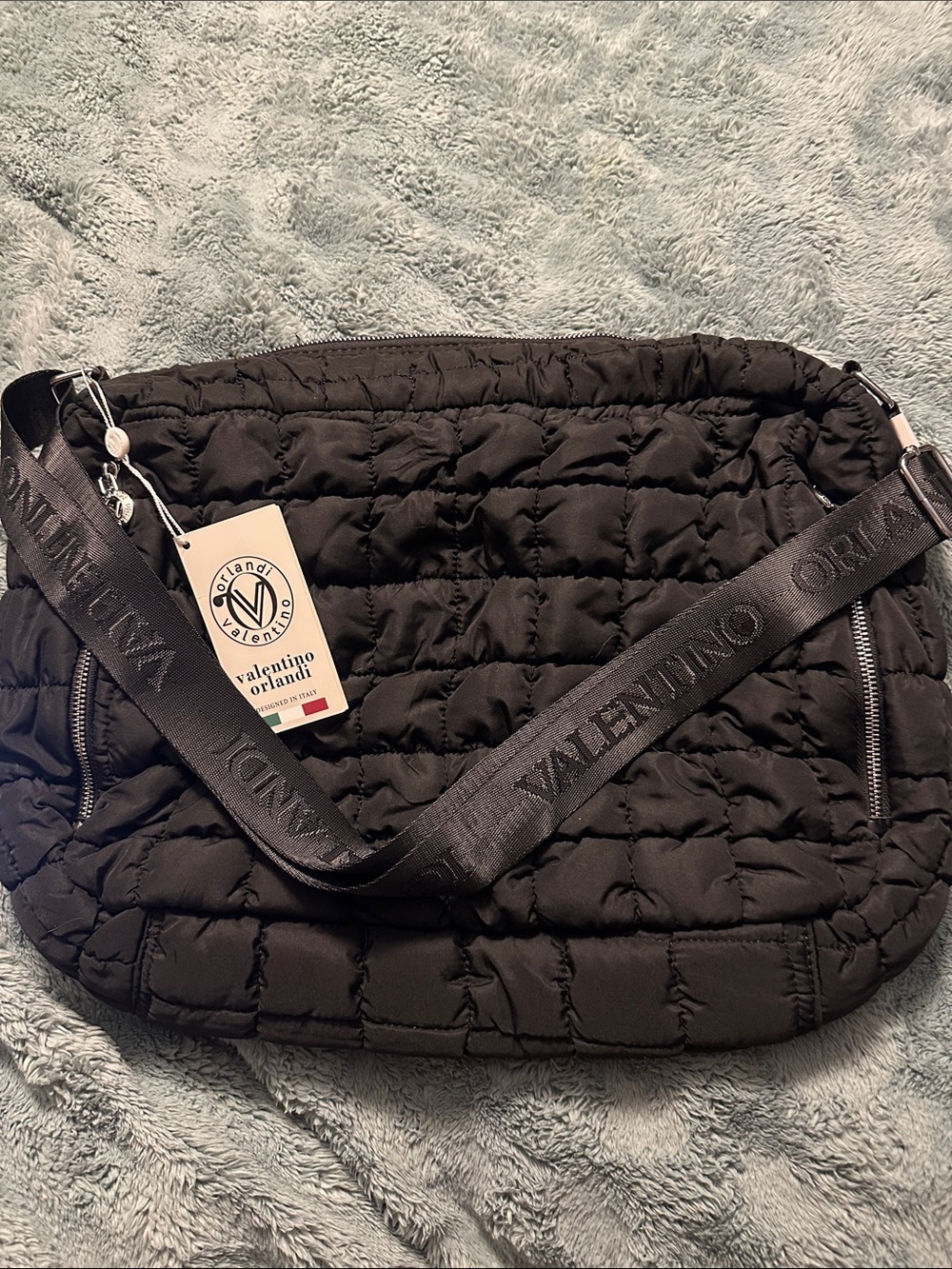 Valentino Orlandi Black Quilted Shoulder Bag with Branded Strap
